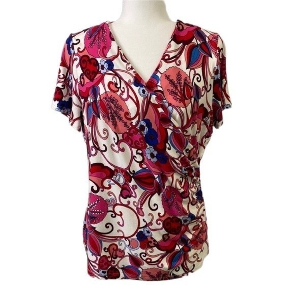 Talbots Floral Faux Wrap Top Ruching V-Neck Short Sleeve Colorful Stretchy Knit